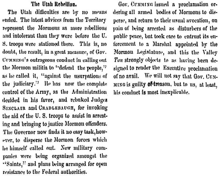 “The Utah Rebellion,” Milwaukee (WI) Sentinel, June 16, 1859