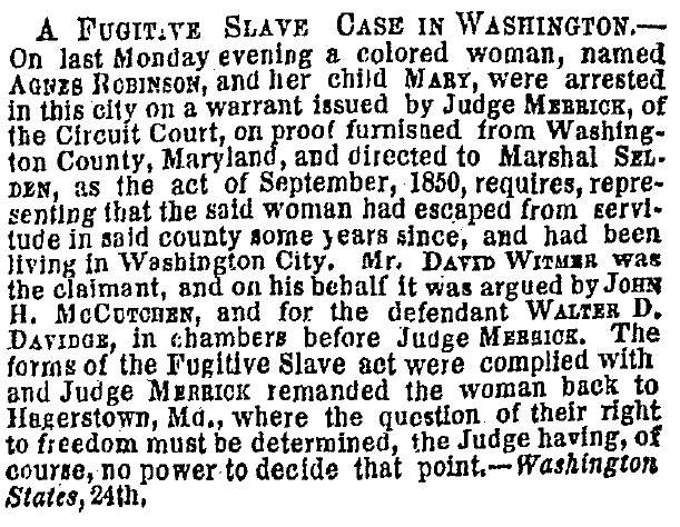 “A Fugitive Slave Case in Washington,” New York Times, June 25, 1859