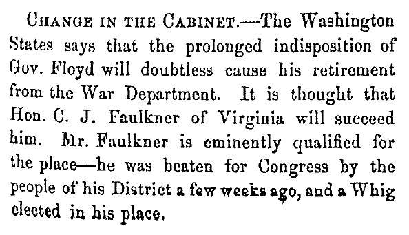 “Change in the Cabinet,” Fayetteville (NC) Observer, August 22, 1859