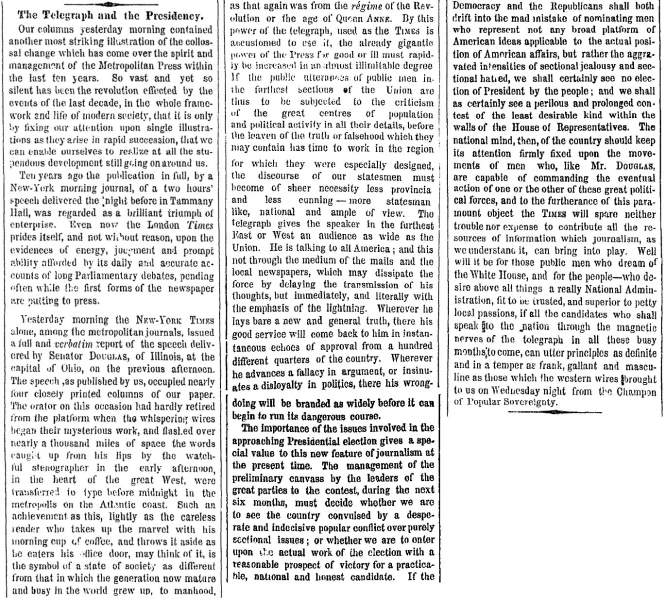 “The Telegraph and the Presidency,” New York Times, September 9, 1859