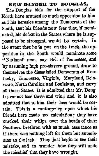 “New Danger To Douglas,” Chicago (IL) Press and Tribune, September 29, 1859