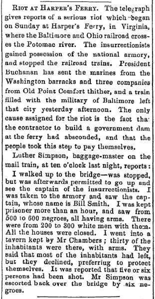 “Riot at Harper’s Ferry,” Lowell (MA) Citizen & News, October 18, 1859