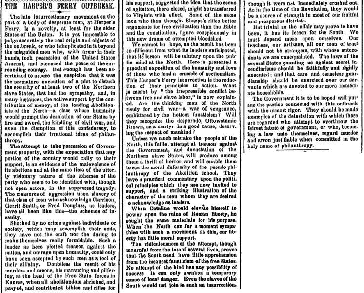 “The Harpers Ferry Outbreak,” New Orleans (LA) Picayune, October 22, 1859