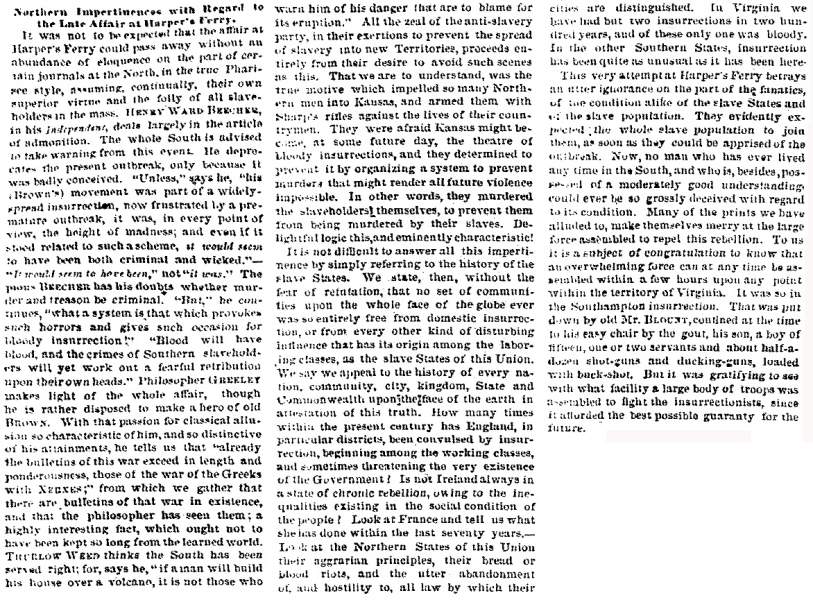 “Northern Impertinences with Regard to the Late Affair at Harpers Ferry,” Richmond (VA) Dispatch, October 24, 1859