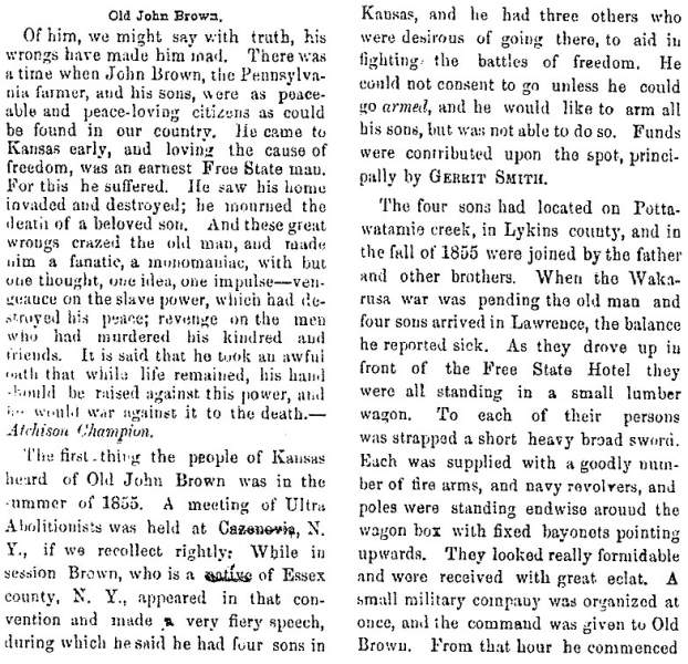 “Old John Brown,” Lawrence (KS) Herald of Freedom, October 29, 1859 (Page 1)