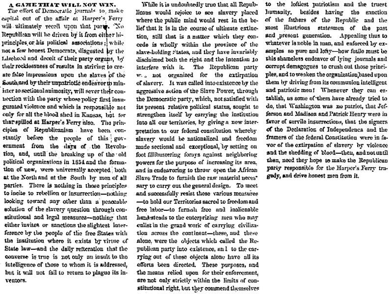 “A Game that will not Win,” Chicago (IL) Press and Tribune, October 31, 1859