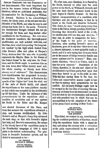 “Seward Nominated for the Presidency by the Abolitionists,” New York Herald, December 25, 1859