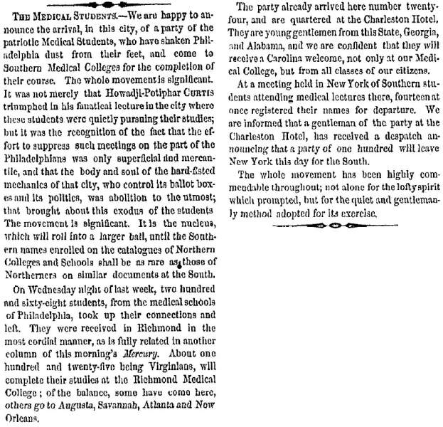 “The Medical Students,” Charleston (SC) Mercury, December 26, 1859