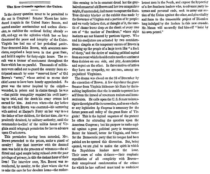 “The New Crusade against the Union,” San Francisco (CA) Evening Bulletin, December 29, 1859