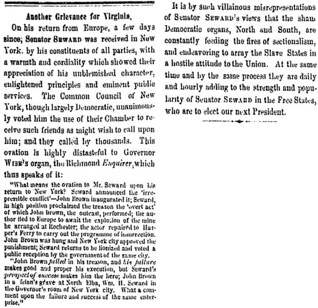 “Another Grievance for Virginia,” Milwaukee (WI) Sentinel, January 11, 1860