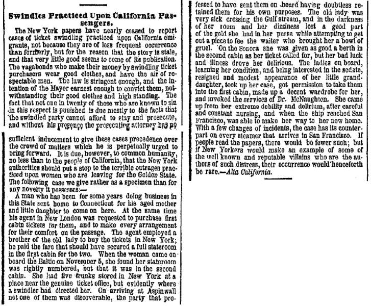 “Swindles Practiced Upon California Passengers,” New York Herald, January 15, 1860