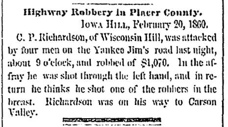“Highway Robbery in Placer County,” San Francisco (CA) Bulletin, February 20, 1860