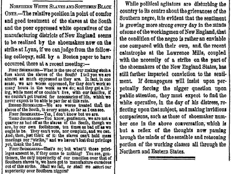 “Northern White Slaves and Southern Black Ones,” New York Herald, March 4, 1860