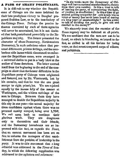 “A Pair of Smart Politicians,” Chicago (IL) Press and Tribune, March 14, 1860