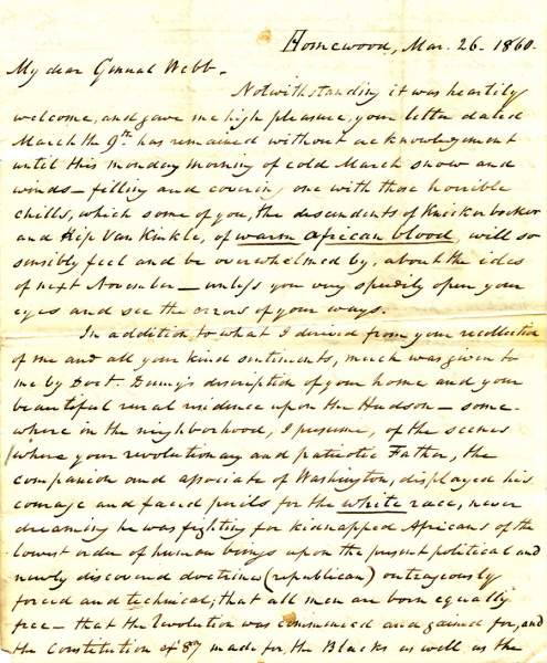 William Wilkins to James Watson Webb, March 26, 1860 (Page 1)