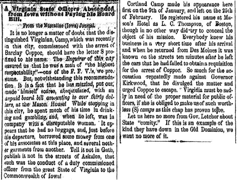 “A Virginia State Officer Absconded from Iowa without Paying his Board Bill,” Cleveland (OH) Herald, April 6, 1860