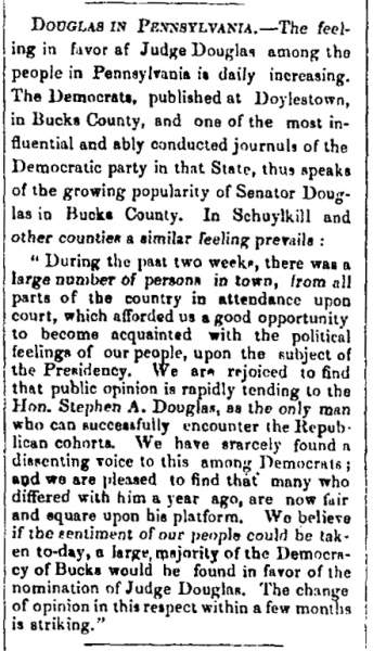 “Douglas in Pennsylvania,” (Montpelier) Vermont Patriot, April 7, 1860