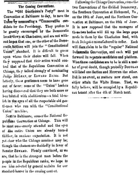 “The Coming Conventions,” Milwaukee (WI) Sentinel, May 9, 1860