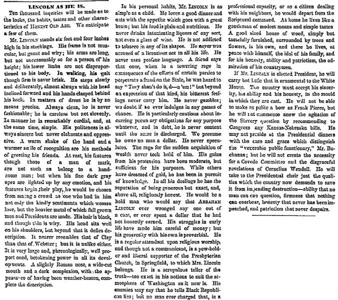 “Lincoln as He Is,” Chicago (IL) Press and Tribune, May 23, 1860