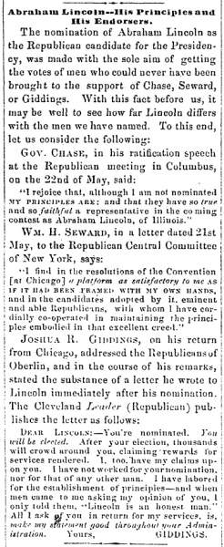 “Abraham Lincoln,” Newark (OH) Advocate, June 1, 1860