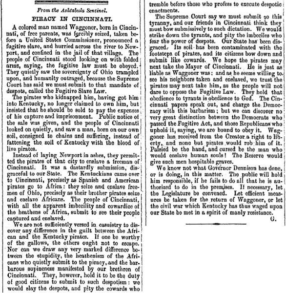 “Piracy in Cincinnati,” Boston (MA) Liberator, July 22, 1860