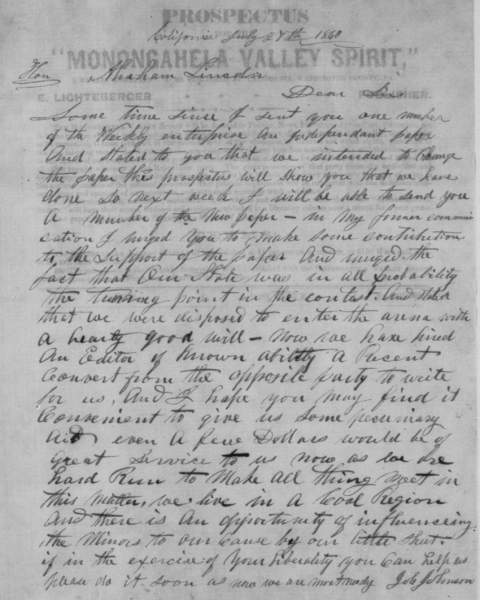 Jole Johnson to Abraham Lincoln, July 27, 1860 (Page 1)
