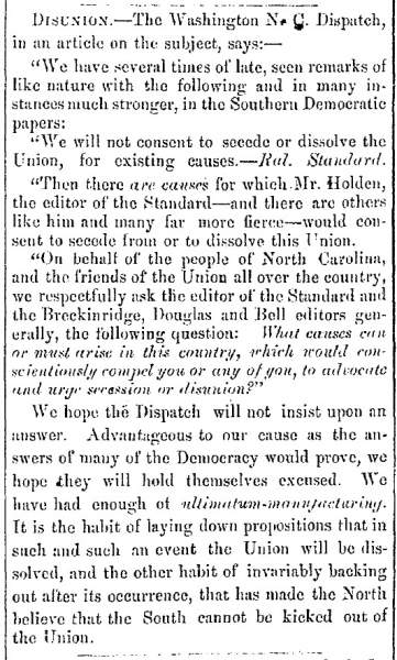 “Disunion,” Fayetteville (NC) Observer, July 30, 1860