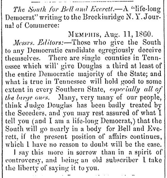 “The South for Bell and Everett,” Fayetteville (NC) Observer, August 20, 1860
