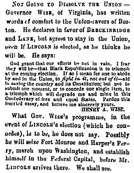 "Not Going to Dissolve the Union," Milwaukee (WI) Sentinel, August 21, 1860