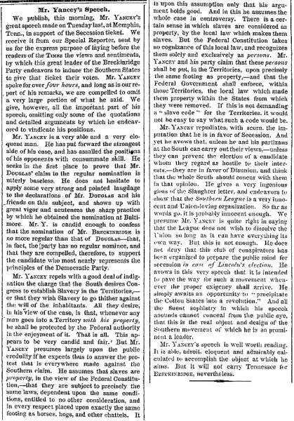 “Mr. Yancey's Speech,” New York Times, August 21, 1860