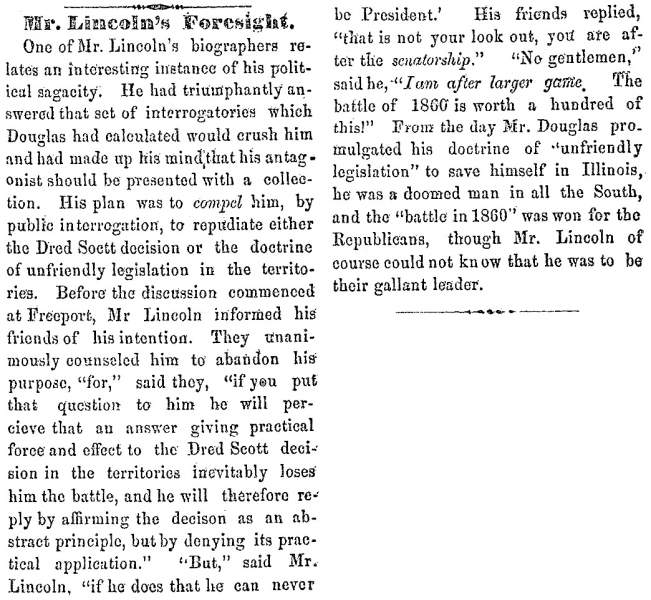 “Mr. Lincoln’s Foresight,” Ripley (OH) Bee, August 23, 1860