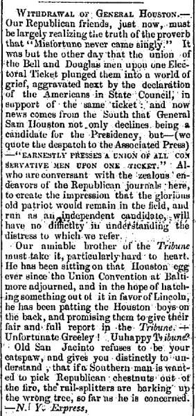 “Withdrawal of General Houston,” Dover (NH) Gazette, September 8, 1860