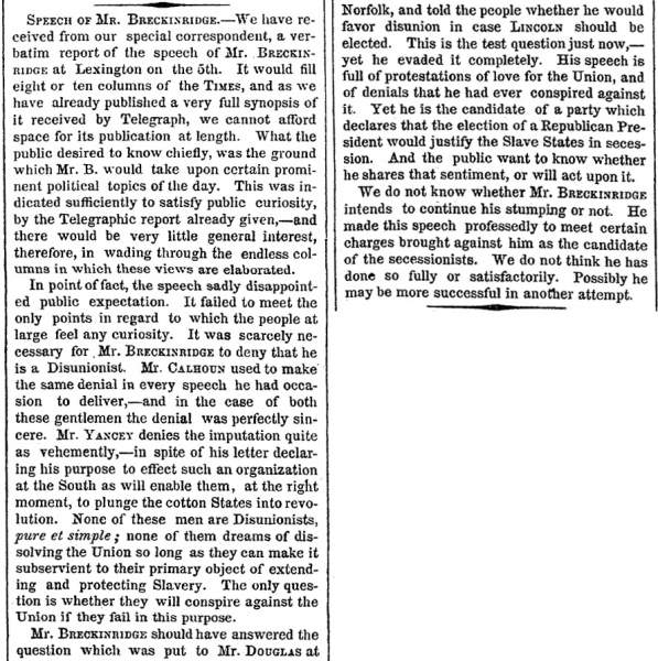 “Speech of Mr. Breckinridge,” New York Times, September 10, 1860
