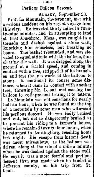 "Perilous Balloon Descent," Milwaukee (WI) Sentinel, September 27, 1860