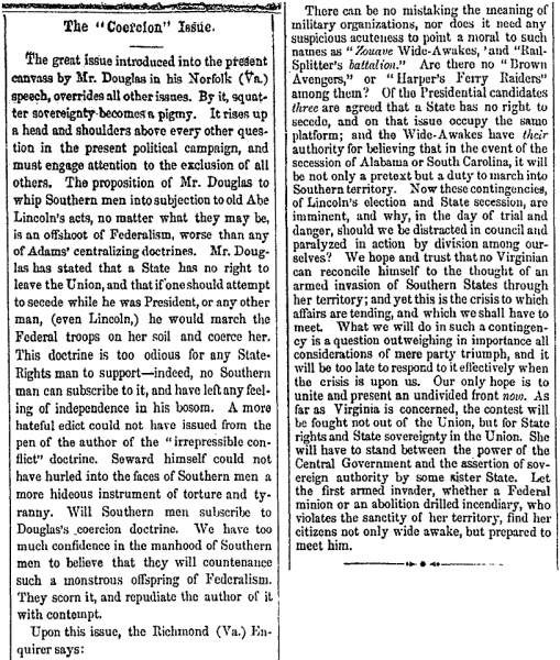 "The 'Coercion' Issue," (Jackson) Mississippian, October 5, 1860