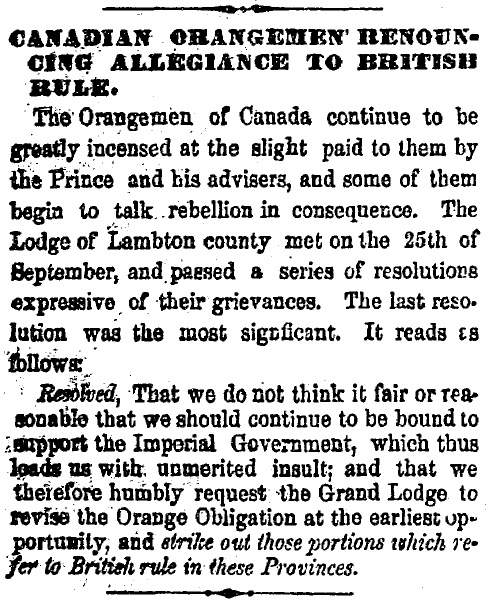 “Canadian Orangemen Renouncing Allegiance to British Rule,” Cleveland (OH) Herald, October 6, 1860