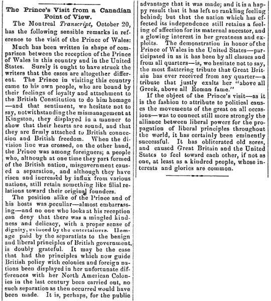 "The Prince's Visit from a Canadian Point of View," Newark (OH) Advocate, November 2, 1860