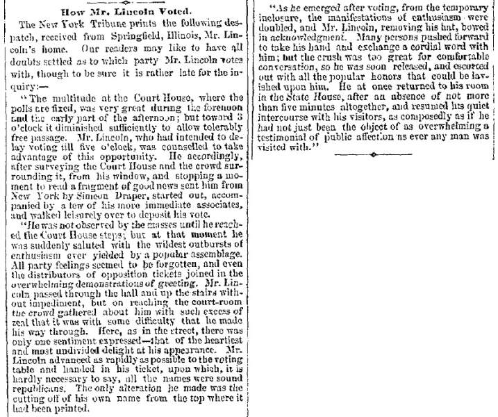 "How Mr. Lincoln Voted,"  Boston (MA) Advertiser, November 8, 1860