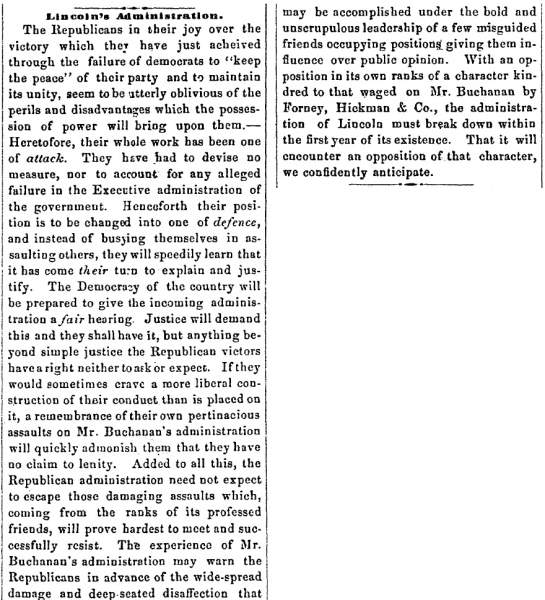 "Lincoln's Administration," Newark (OH) Advocate, November 9, 1860