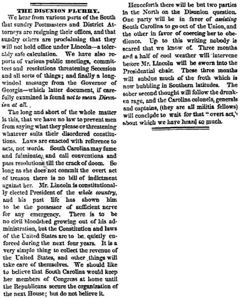 "The Disunion Flurry," Chicago (IL) Tribune, November 10, 1860