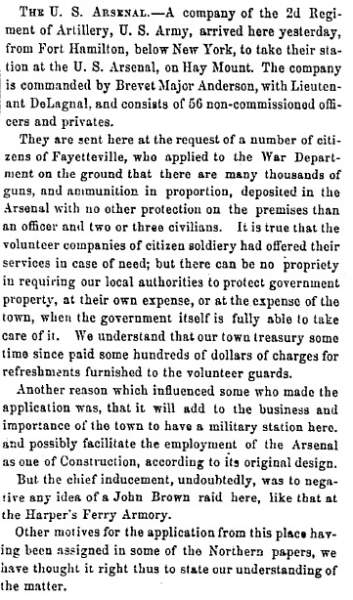 "The U. S. Arsenal," Fayetteville (NC) Observer, November 15, 1860