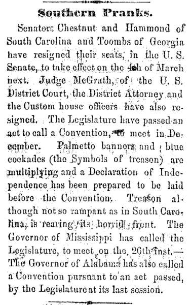 “Southern Pranks,” Ripley (OH) Bee, November 15, 1860