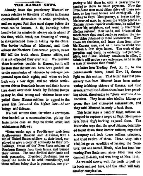 “The Kansas News,” Cleveland (OH) Herald, November 23, 1860