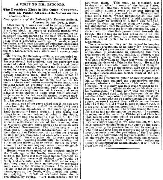 “A Visit to Mr. Lincoln,” New York Times, December 20, 1860