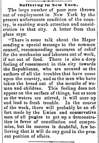 "Suffering in New York," Newark (OH) Advocate, December 21, 1860