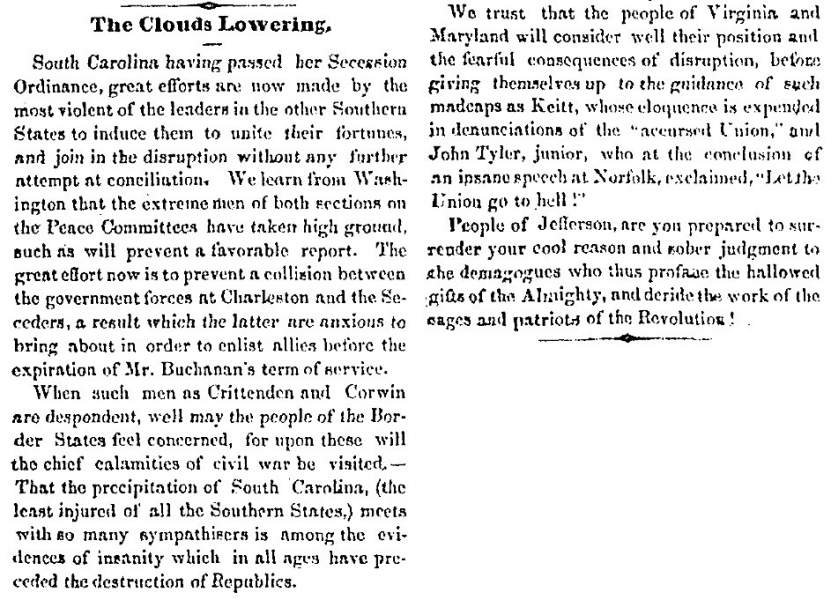 “The Clouds Lowering,” Charlestown (VA) Free Press, December 27, 1860