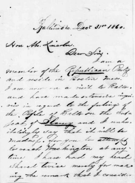 Thomas Cadwallerder to Abraham Lincoln, December 31, 1860 (Page 1)