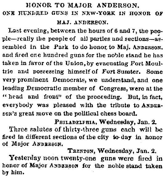 “Honor to Major Anderson,” New York Times, January 3, 1861