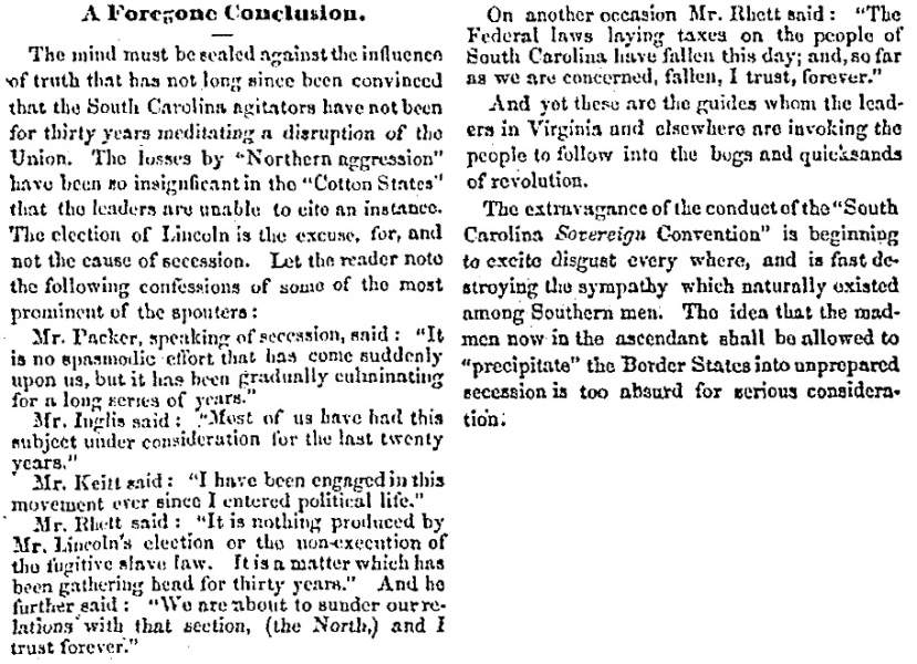 “A Forgeone Conclusion,” Charlestown (VA) Free Press, January 3, 1861