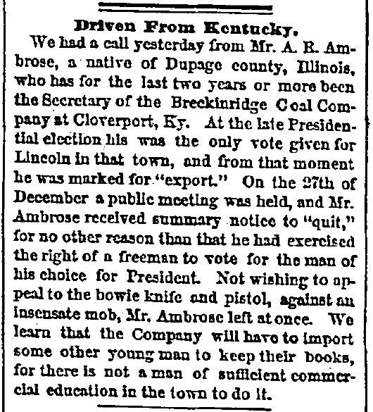 “Driven From Kentucky,” Chicago (IL) Tribune, January 10, 1861